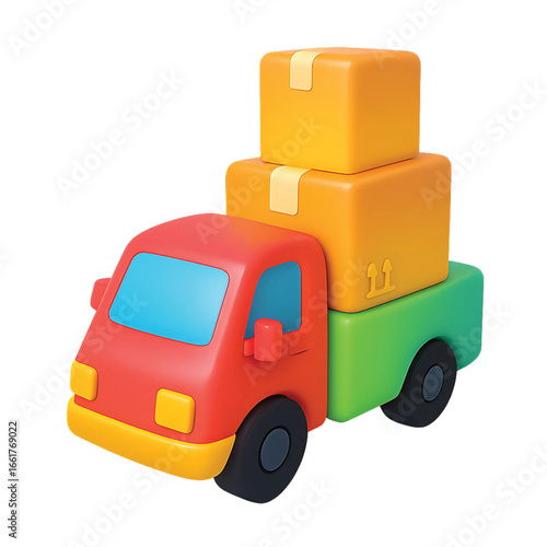 A vibrant, cartoon-style toy delivery truck with a red cab and green bed, carrying two stacked orange cardboard boxes, isolated on a white background.