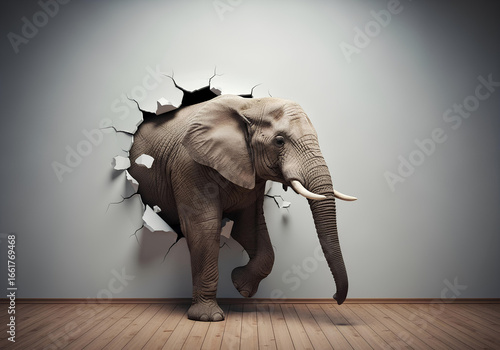 Powerful elephant breaking through a wall. Concept of strength, breakthrough, and overcoming obstacles. Unstoppable elephant bursting through barriers, symbolizing power, force, and determination.