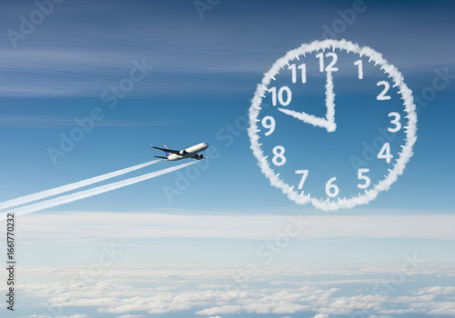 Time Flies, Travel Time Concept with Airplane and Cloud Clock in Sky. Flying on Time, flight schedule and jet lag concept with aircraft. On time travel, airplane flying by a cloud clock.