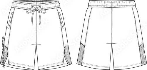 Front and back technical flat sketch of men's athletic shorts with drawstring waist, side pockets, mesh panels, and modern sporty design.