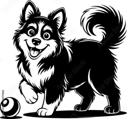 A lively black and white silhouette of a fluffy dog with a thick, bushy tail, playfully standing near a ball