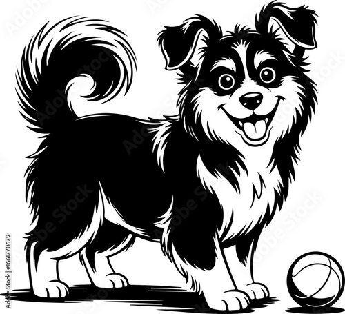 A lively black and white silhouette of a fluffy dog with a thick, bushy tail, playfully standing near a ball