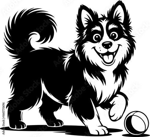 A lively black and white silhouette of a fluffy dog with a thick, bushy tail, playfully standing near a ball