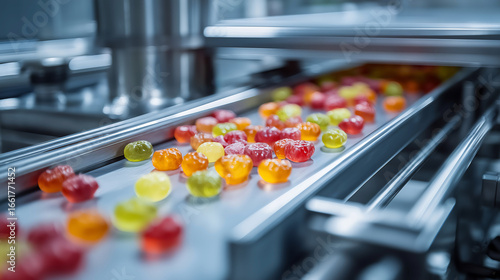 Automated food system producing gummies, process on a conveyor belt, ready for filling and distribution