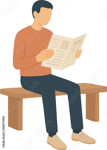 Man reading newspaper while sitting on bench outdoors