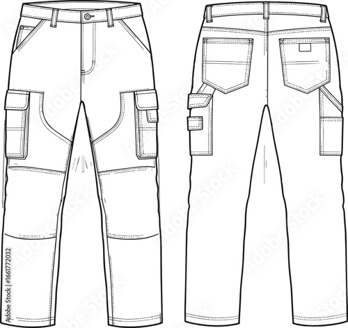 Men’s cargo work pants technical flat sketch, front and back view, fashion design template, utility trousers vector drawing