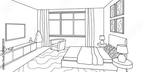 Bedroom graphic black white home interior sketch illustration vector 