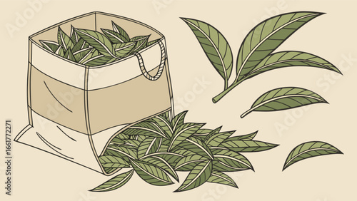 Illustration of fresh tea leaves in a bag and scattered, organic herbal tea ingredients design vector