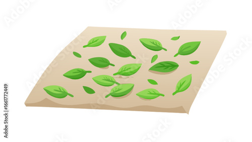 Fresh basil leaves scattered on a beige surface, culinary herbs and cooking ingredients concept design 95