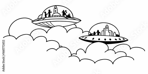 Two ufos flying through the clouds with passengers on board in a black and white cartoon style drawing on transparent background