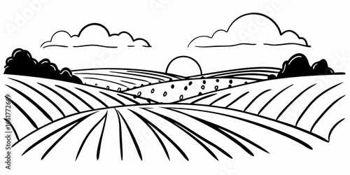 Illustration of a landscape with fields, trees, clouds, and a sun in a simple black and white style on transparent background