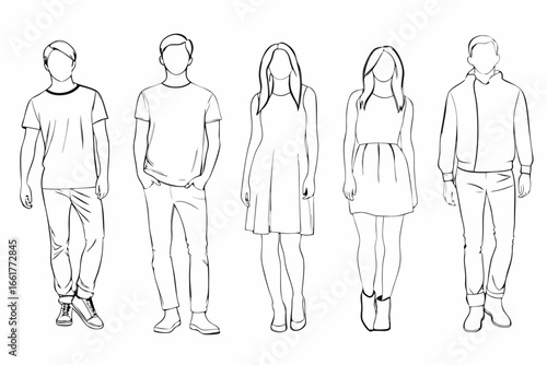 A group of five people standing in a line in different casual outfits