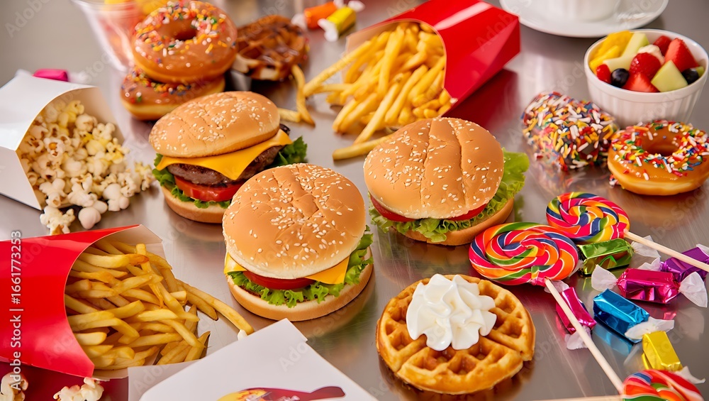 Fototapeta premium A colorful assortment of fast food and sweets including burgers fries donuts and lollipops