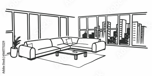 Drawing of a modern living room with a large sectional sofa and a view of the city skyline through windows on transparent background