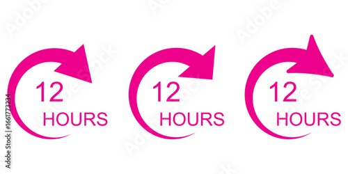12 hours service icon vector set. Red 12h duration sign. Red 12 hours clock arrow icons. Red 12hr support sign collection. Red 12 hours or half day icon with circle arrow. Shipping delivery symbol