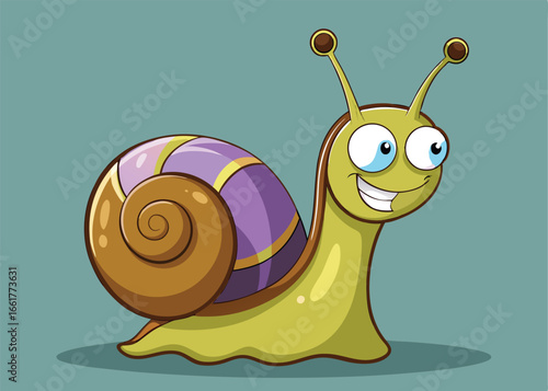 A cheerful, cartoon snail with a vibrant, colorful shell featuring purple and gold stripes.