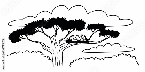 Illustration of a spotted cat sleeping in a tree with clouds and bushes in a black and white drawing on transparent background