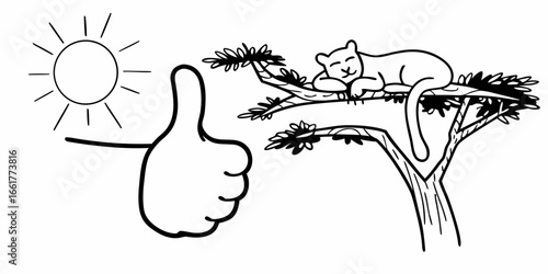 Cartoon image of a sun, thumbs up gesture, and a cat sleeping in a tree on a sunny day scene outdoors on transparent background