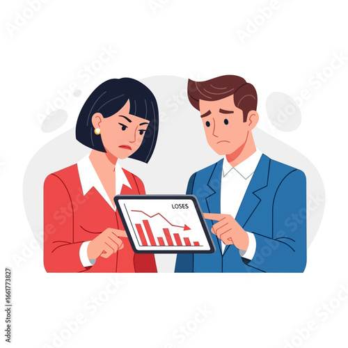 Disheartened Glance at Declining Results: Two professionals share a moment of concern, focused on a digital display that visualizes a concerning downward trend, revealing the impact of challenges. 