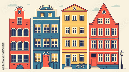 Colorful european houses illustration, vintage architecture, building facades, city street view design