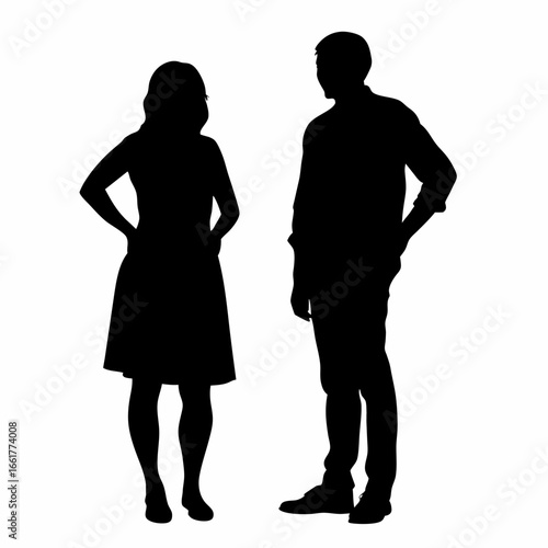 Silhouette of a man and woman standing in conversation with each other