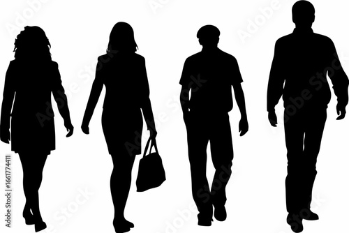 Four people walking in a line as black silhouettes on white background