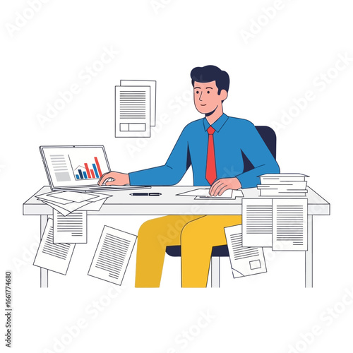 Focused Analyst: A dedicated analyst intently examines complex data on a laptop, surrounded by stacks of documents, demonstrating the intensity of modern workplace research.