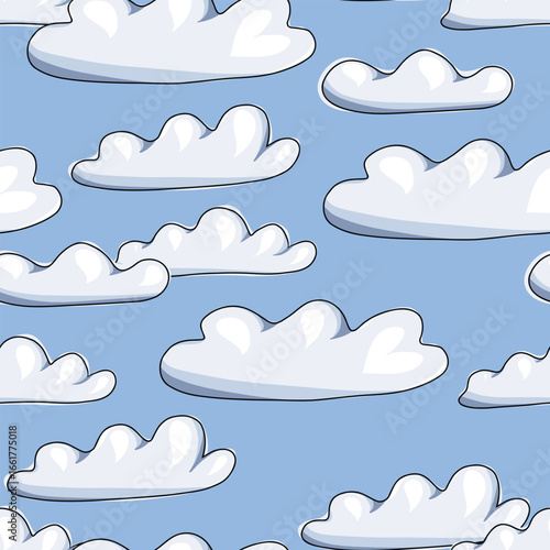 Blue sky with white clouds seamless pattern. Cloudy weather day illustration. Cloudscape for fabrics, clothes, stationery design