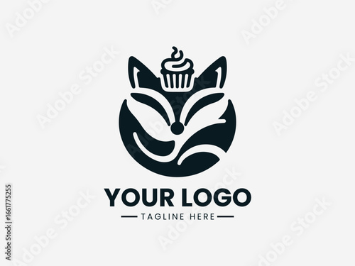 Clever fox holding pastry with floral elements in charming bakery vector logo 