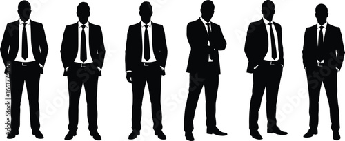 Silhouette group of businessmen in suits, standing professional male figures, corporate executive posture, confident leadership, business success, office style