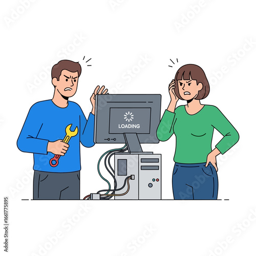 Frustrated PC Trouble: Two people look bewildered as they face a computer glitch, the loading symbol taunting them with delay. A symphony of tech woes captured in vivid hues.