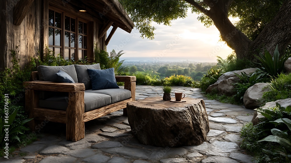 Fototapeta premium A realistic high-definition photo of a garden patio with lounge chairs and coffee table.