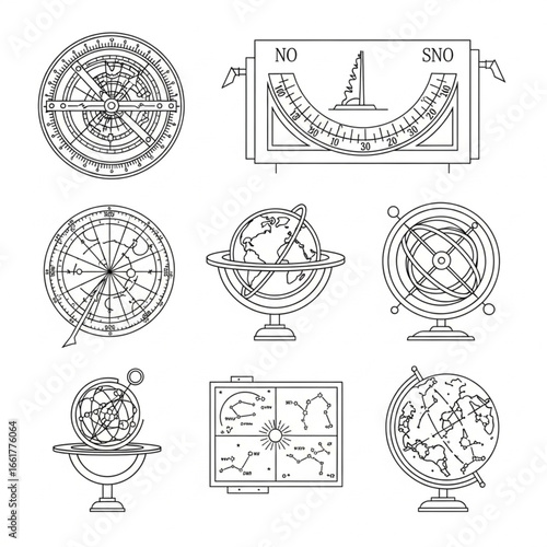 Collection of vintage astronomical and navigational instruments, charts and globes.