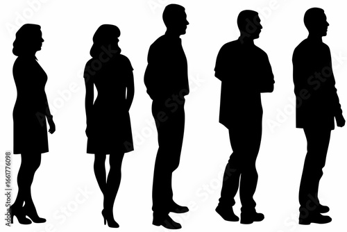 Silhouettes of five people standing in a row looking to the right side