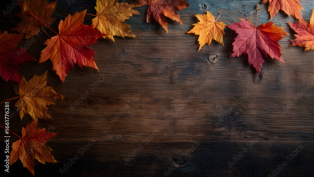 Obraz premium colorful autumn leaves on wooden backgkround