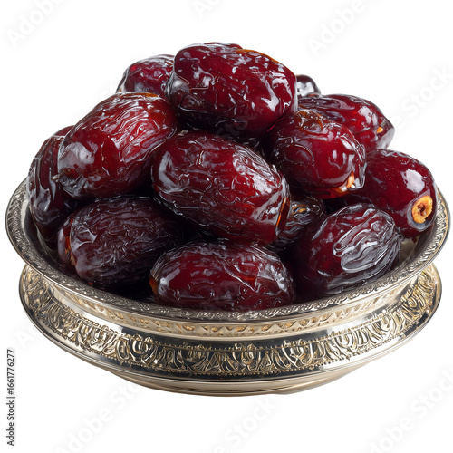 Dates in silver bowl fresh medjool date fruit for healthy ramadan food isolated on transparent background, png