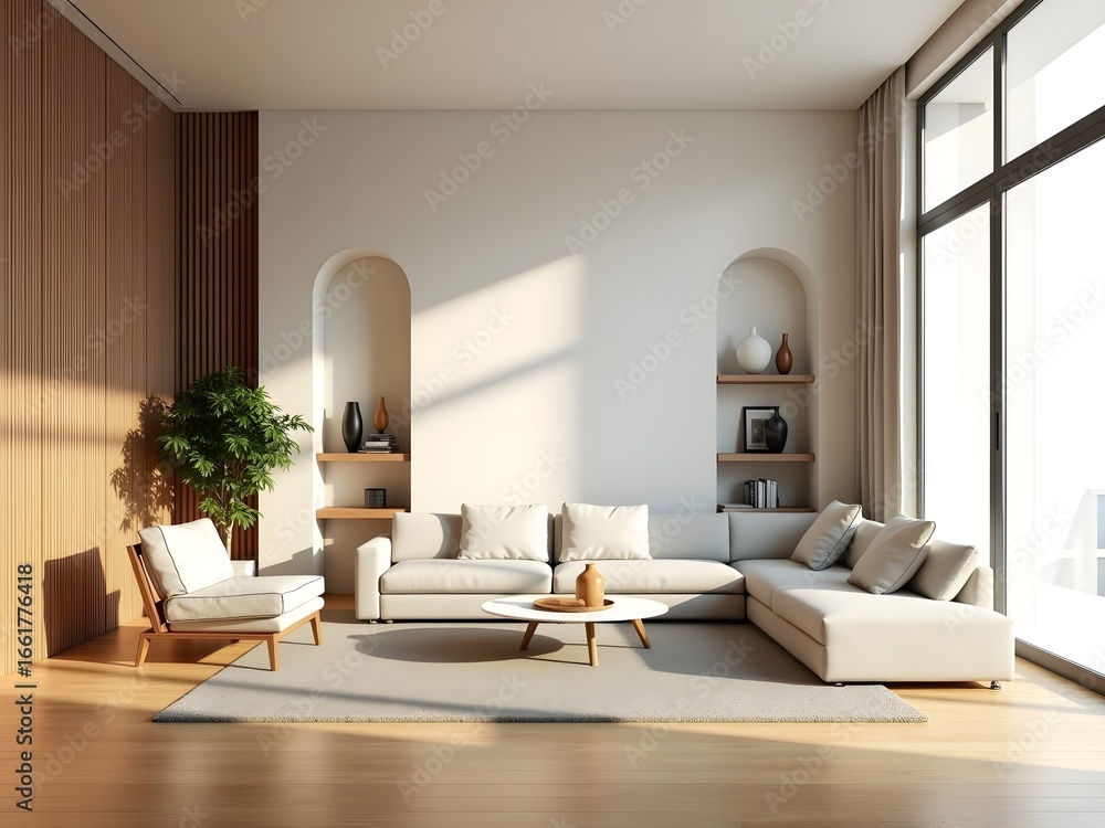 Fototapeta premium Modern living room with plush sectional sofa sunlight streaming through large window