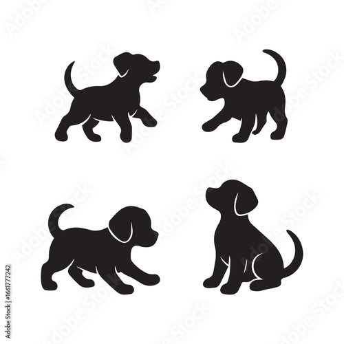 A group of puppies in a playful pose in silhouette style on a white background