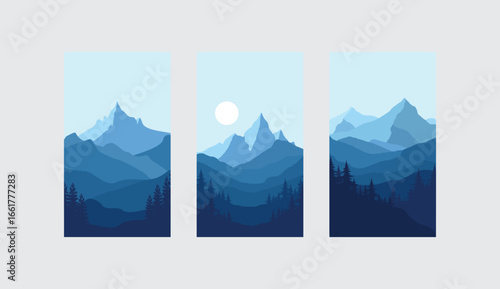 A stunning vector illustration of a winter mountain landscape at sunrise, with a misty forest and snow-covered peaks against a cloudy sky