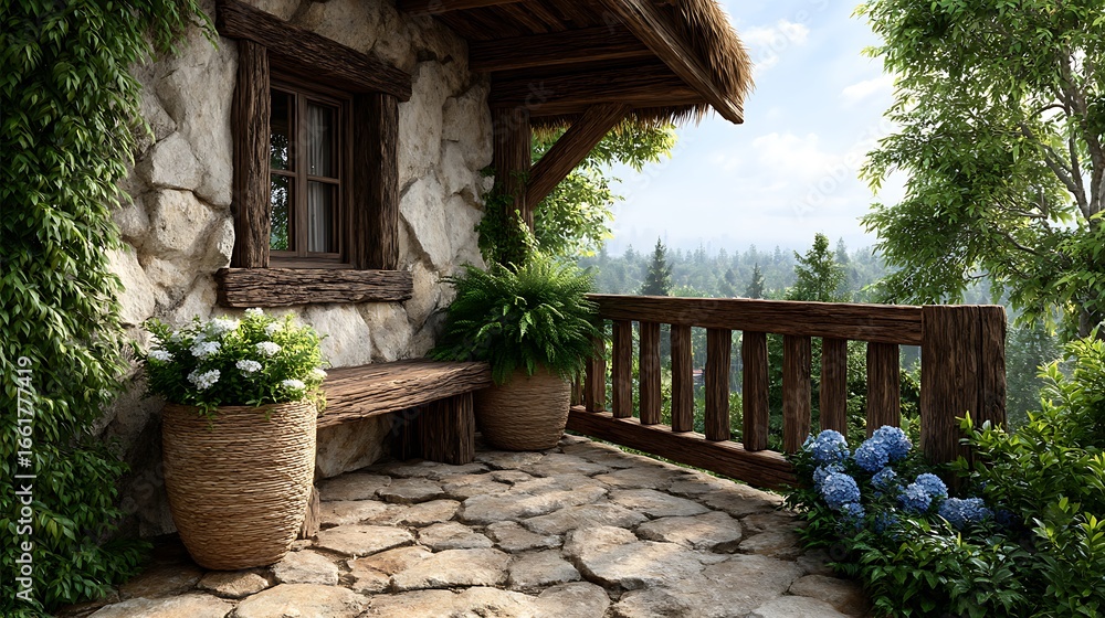 Fototapeta premium A realistic high-definition photo of a small balcony garden with potted herbs and flowers.