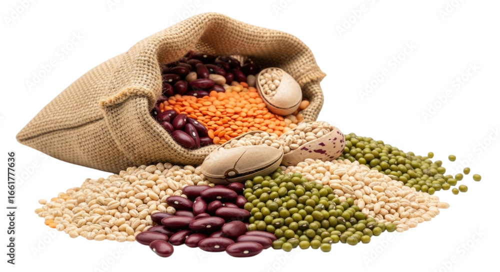 Fototapeta premium Burlap Bag with Assorted Grains, transparent background, cutout PNG