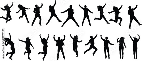 Silhouette group of people jumping in joy, happy men and women, energetic movement, freedom celebration, success, fun lifestyle, youth expression