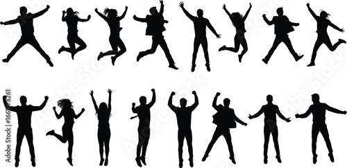 Silhouette group of people jumping with joy, energetic men and women, fun lifestyle, freedom celebration, success expression, active movement, dance