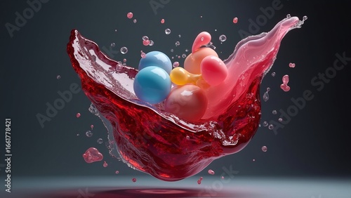 Captivating Graphic Design An Isolated Liquid Splash Featuring Spheres in a Dynamic Arrangement, Showcasing Vivid Colors and Fluid Forms