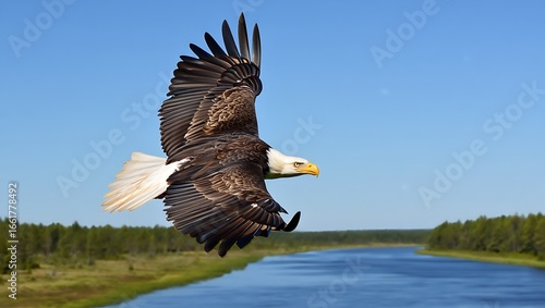 Majestic Bald Eagle Soaring Gracefully Over a Serene River and Lush Green Forest Under a Clear Blue Sky