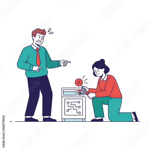 Broken Machine and Frustration: A stylized illustration of workplace woes. a frowning man points at an unresponsive machine, while a woman kneels, attempting to resolve the issue.