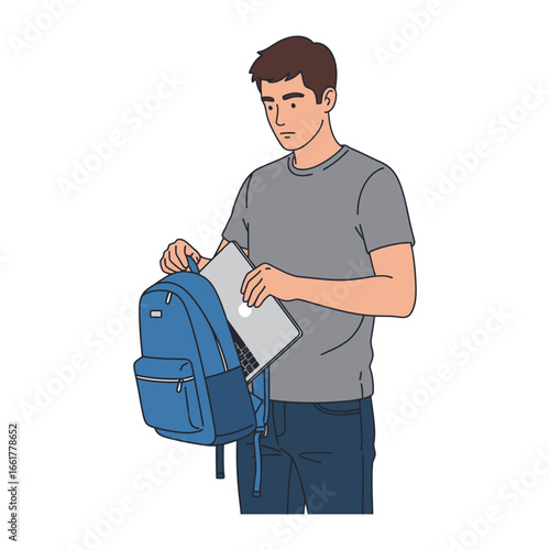 Organized Backpacking: A young man carefully places a laptop into a vibrant blue backpack, epitomizing readiness for the day's adventures, against an unobtrusive backdrop. 