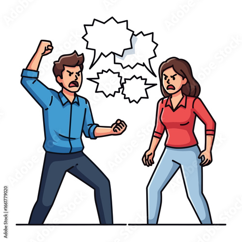 Conflict and Confrontation: An illustrated depiction of a heated argument between a man and a woman, speech bubbles above their heads, encapsulating tension and emotional turmoil.
