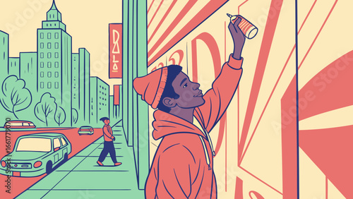 Artist Painting City Wall Mural – Vector of Urban Creativity, Street Art, and Modern Cultural 
