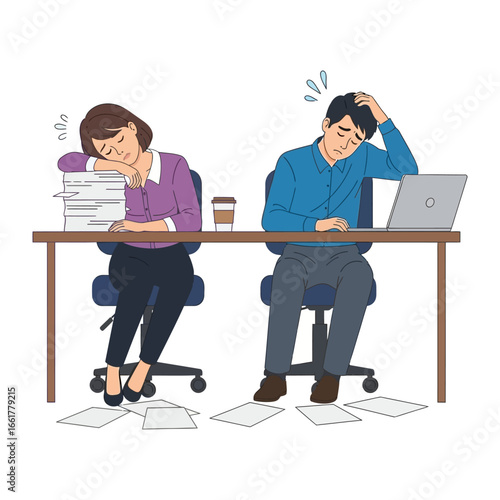 Weary Workforce: A depiction of two workers, overwhelmed by the pressures of their roles, slumped at their desks amidst a pile of documents and a laptop.